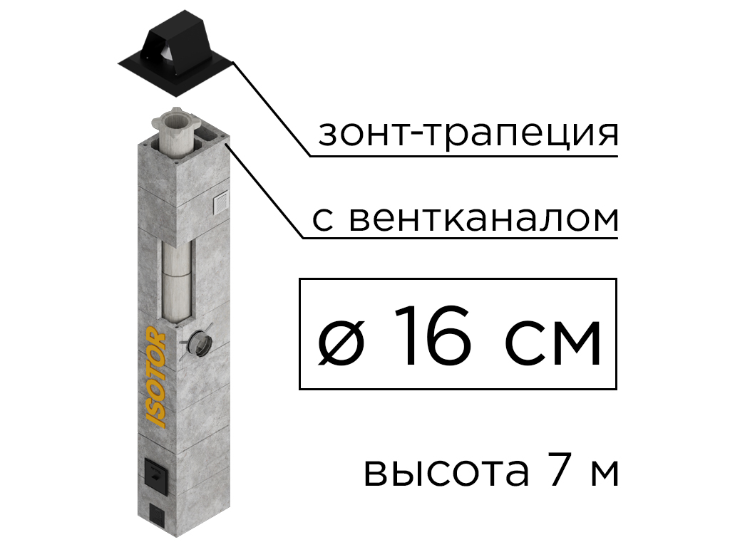 Дымоходная система ISOTOR 16 с вентканалом верхний комплект зонт-трапеция, D 160 мм, высота 7 м