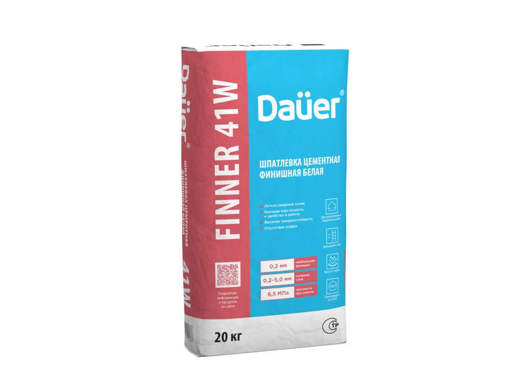 Шпатлевка цементная финишная Dauer FINNER 41 W, белая, 20 кг