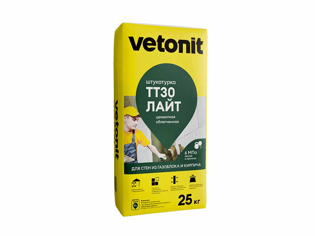 Штукатурка цементная vetonit ТТ30 лайт, серый 25 кг