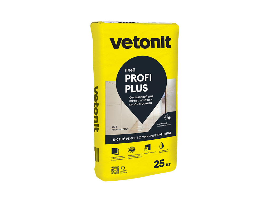 Плиточный цементный клей усиленный vetonit profi plus, серый, 25 кг