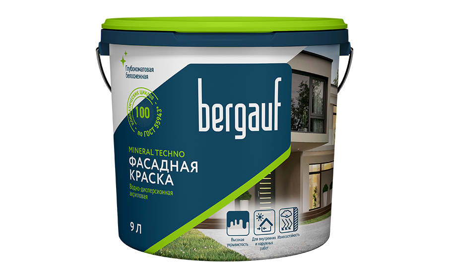 Краска фасадная Bergauf MINERAL TECHNO, водно-дисперсионная акриловая, база С, 9 л