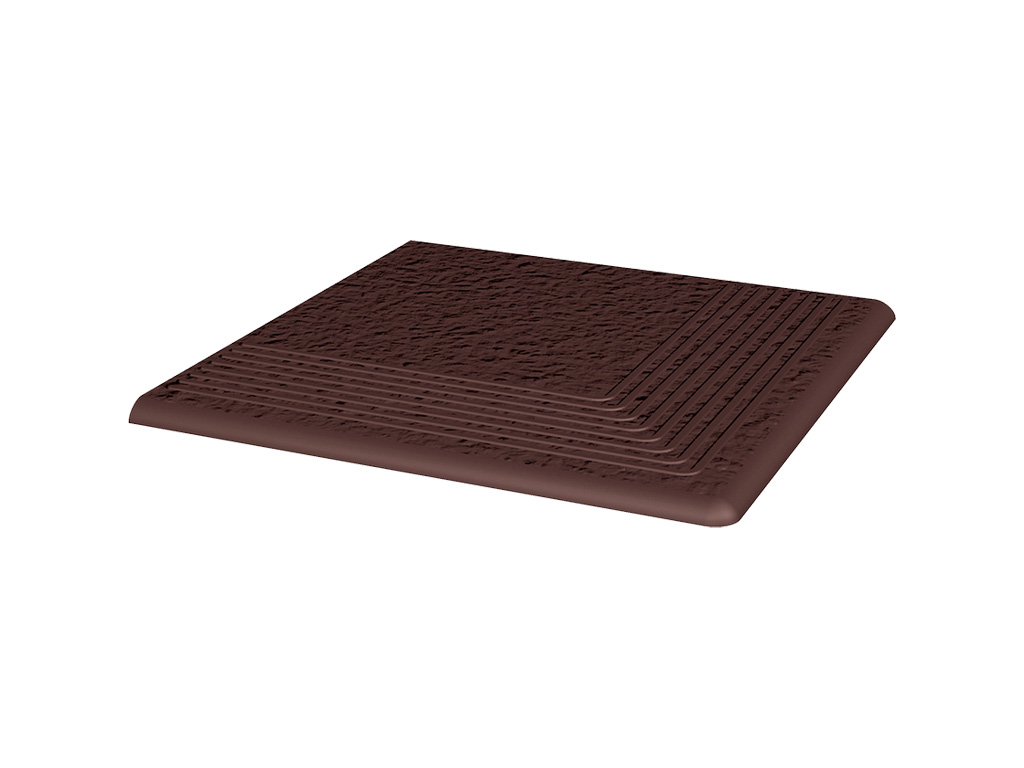 Клинкерная угловая ступень с насечками Paradyz Natural, Brown, структурная, 300*300*11 мм