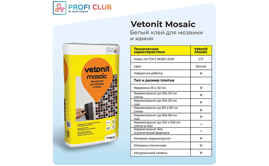 Клей для мозаики и камня vetonit mosaic, 25 кг