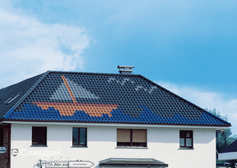 Крыша дома с узором из черепицы Creaton Futura Dunkelblau