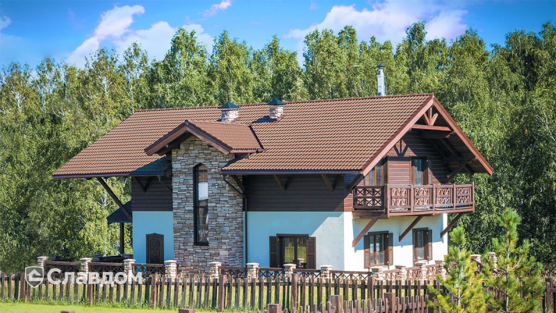 Частный дом с использованием цементно-песчаной черепицы Braas Франкфурткая цвет коричневый