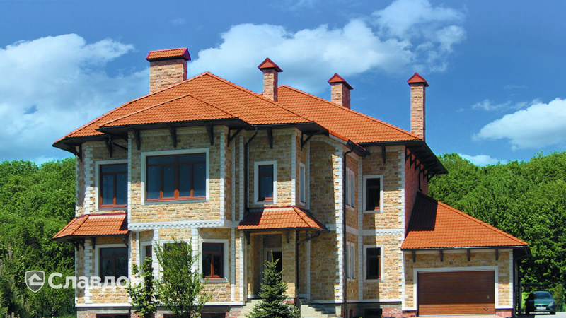 Частный дом с применением цементно-песчаной черепицы Braas Франкфуртская красного цвета